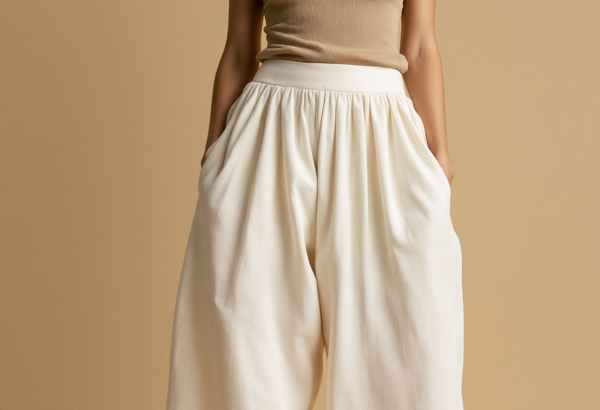 Femme en pantalon japonais large taille haute en lin clair avec un haut ajuste