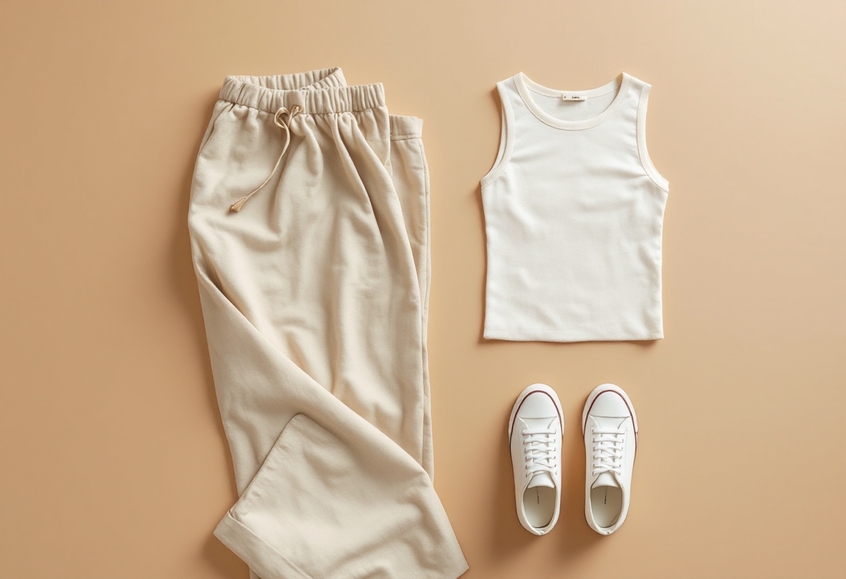Tenue minimaliste japonaise : pantalon large en lin, haut ajuste et baskets en toile