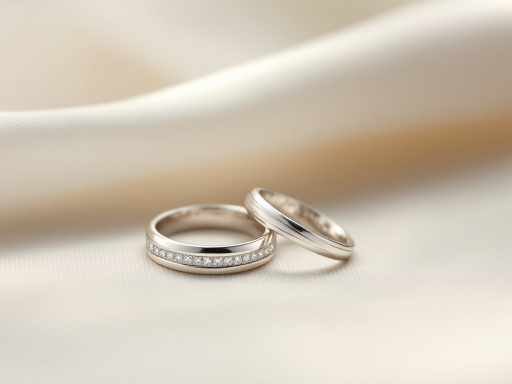 Deux alliances de mariage simples en argent posees sur un tissu creme