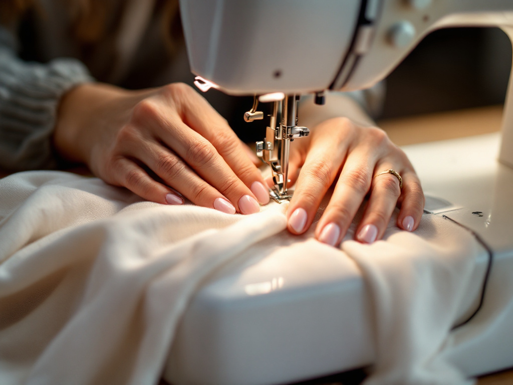 Mains d une couturiere cousant un tissu de coton clair a la machine a coudre