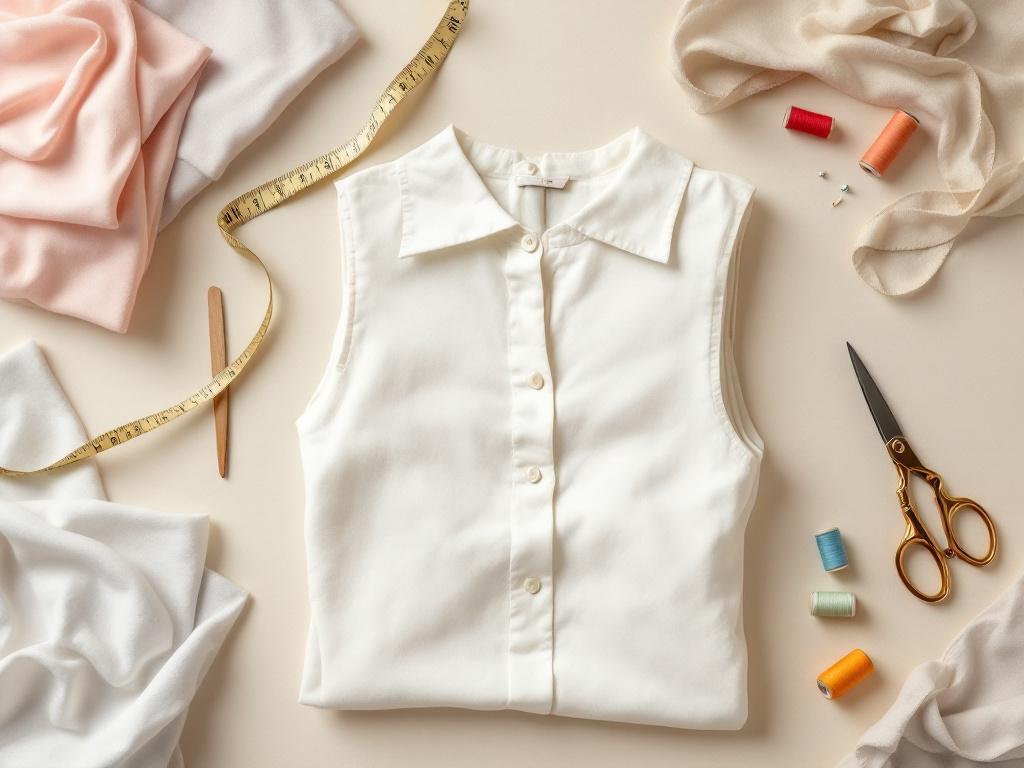 Materiel de couture a plat : tissus plies, metre ruban, ciseaux, bobines de fil et blouse ivoire pour coudre une blouse femme