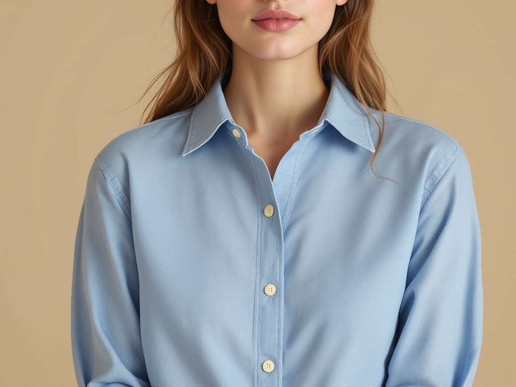 Femme portant une chemise femme en chambray bleu cousue main, col structure et patte de boutonnage