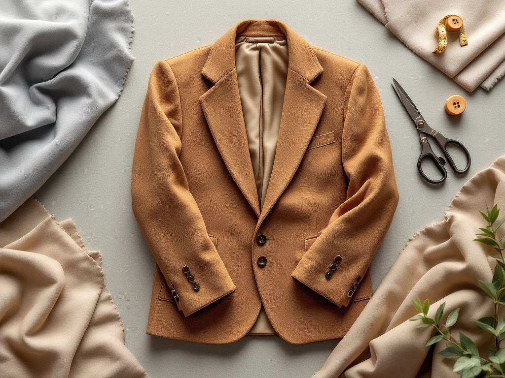 Veste blazer en lainage camel cousue main avec doublure, ciseaux, boutons et tissus a plat