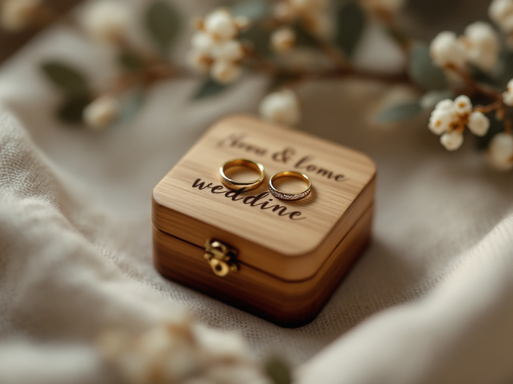 Porte-alliances original : petite boîte en bois gravée avec deux alliances dorées et fleurs séchées