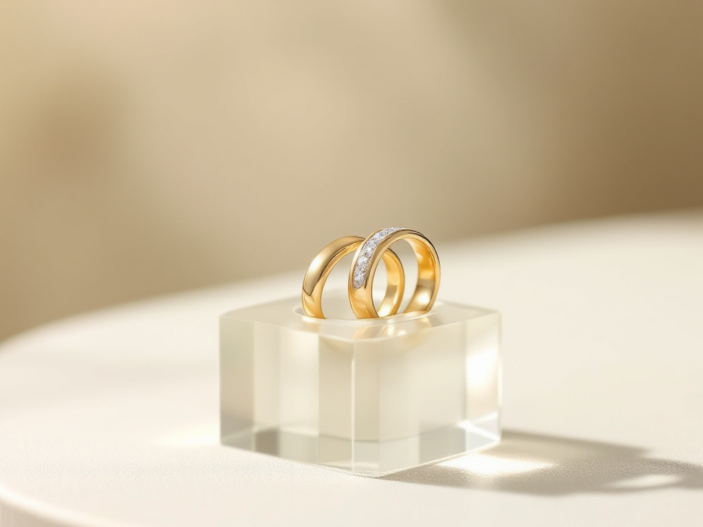 Porte-alliances minimaliste : socle géométrique en verre transparent tenant deux alliances dorées