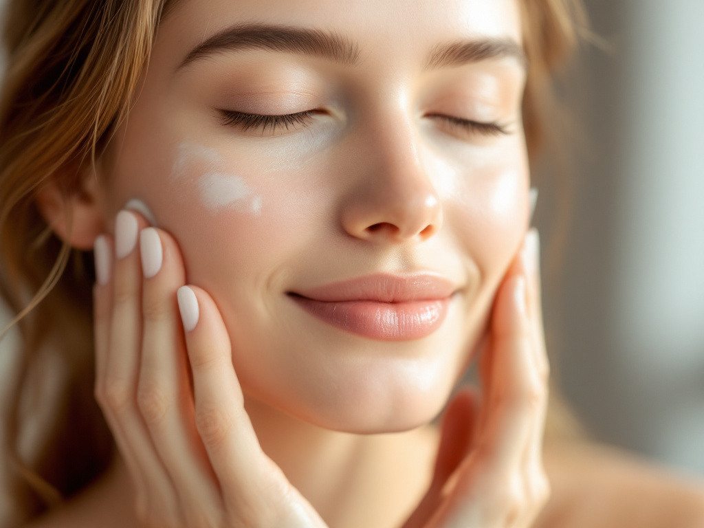 Femme appliquant une crème hydratante sur son visage à la peau lisse et lumineuse, soin avant rasage
