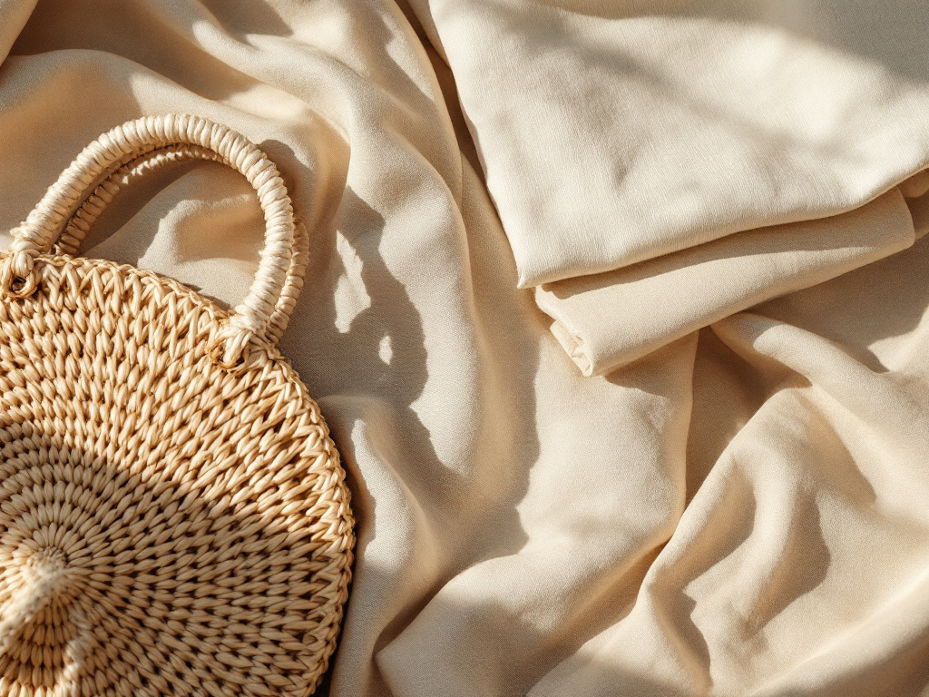 Matières mode durables 2026 : lin et coton naturels avec un sac en raphia tressé