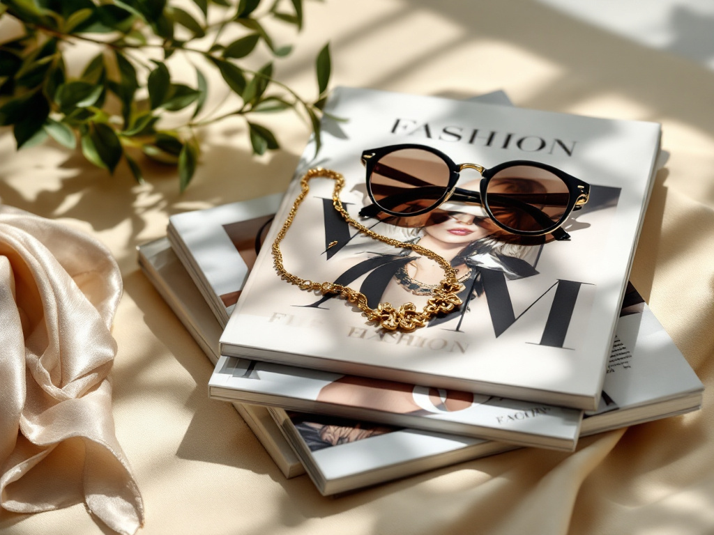 Magazines de mode féminine empilés avec lunettes de soleil, collier doré et foulard en soie, presse mode 2026