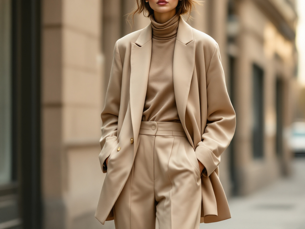 Femme en blazer oversize beige et pantalon large, street style tendance mode féminine 2026
