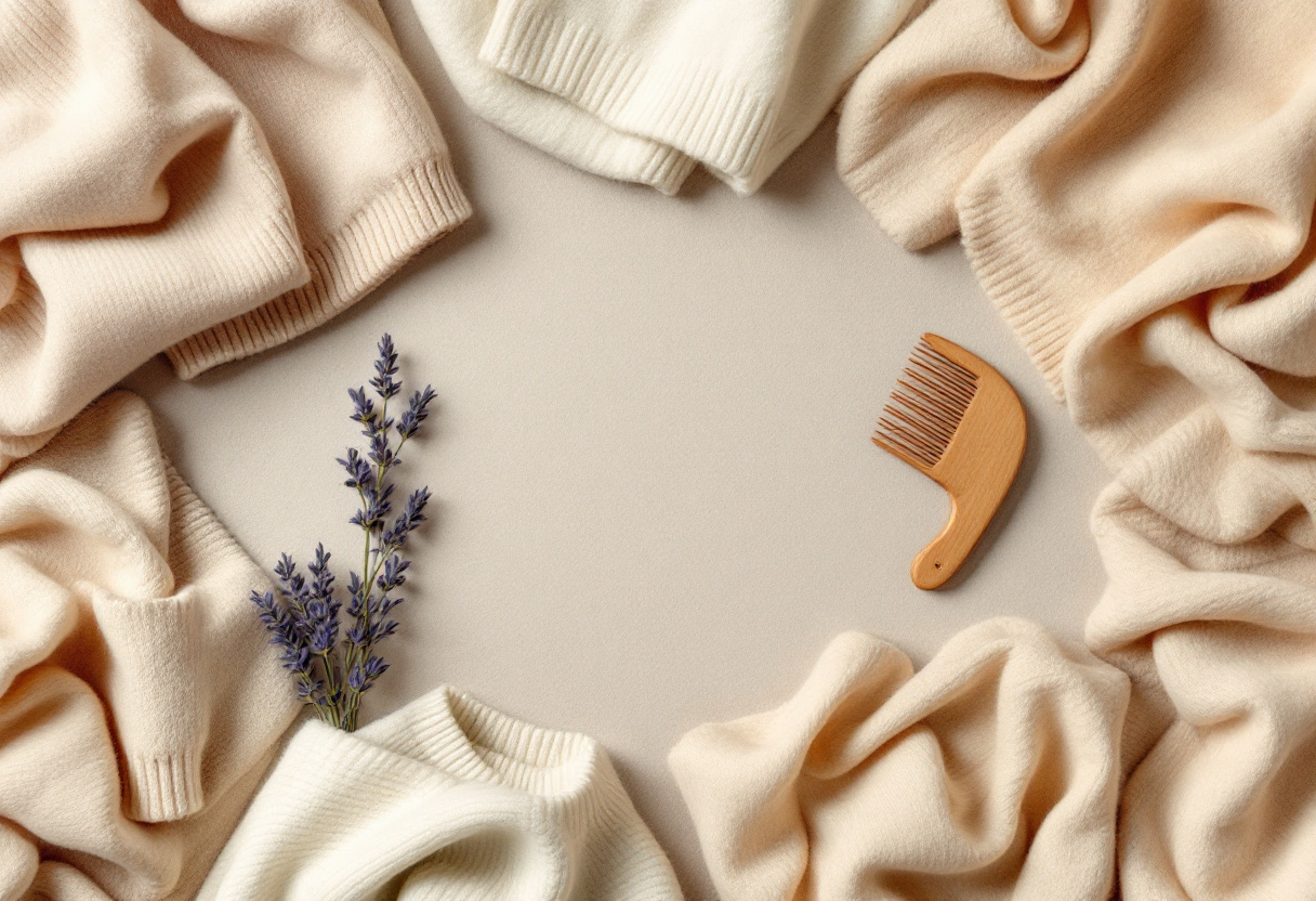 Pulls en cachemire plies, peigne anti-bouloches en bois et brin de lavande
