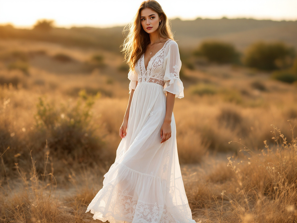 Femme en robe longue blanche boheme en dentelle, lumiere doree en exterieur, allure boho chic