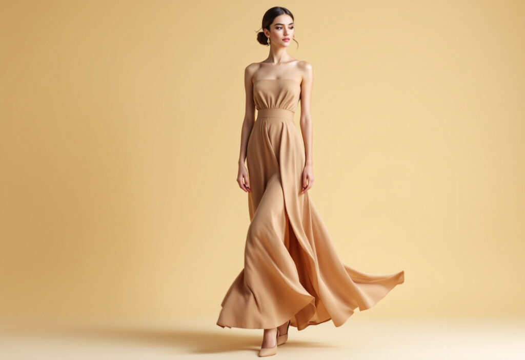 Femme menue en robe longue camel a taille haute et talons, silhouette elancee