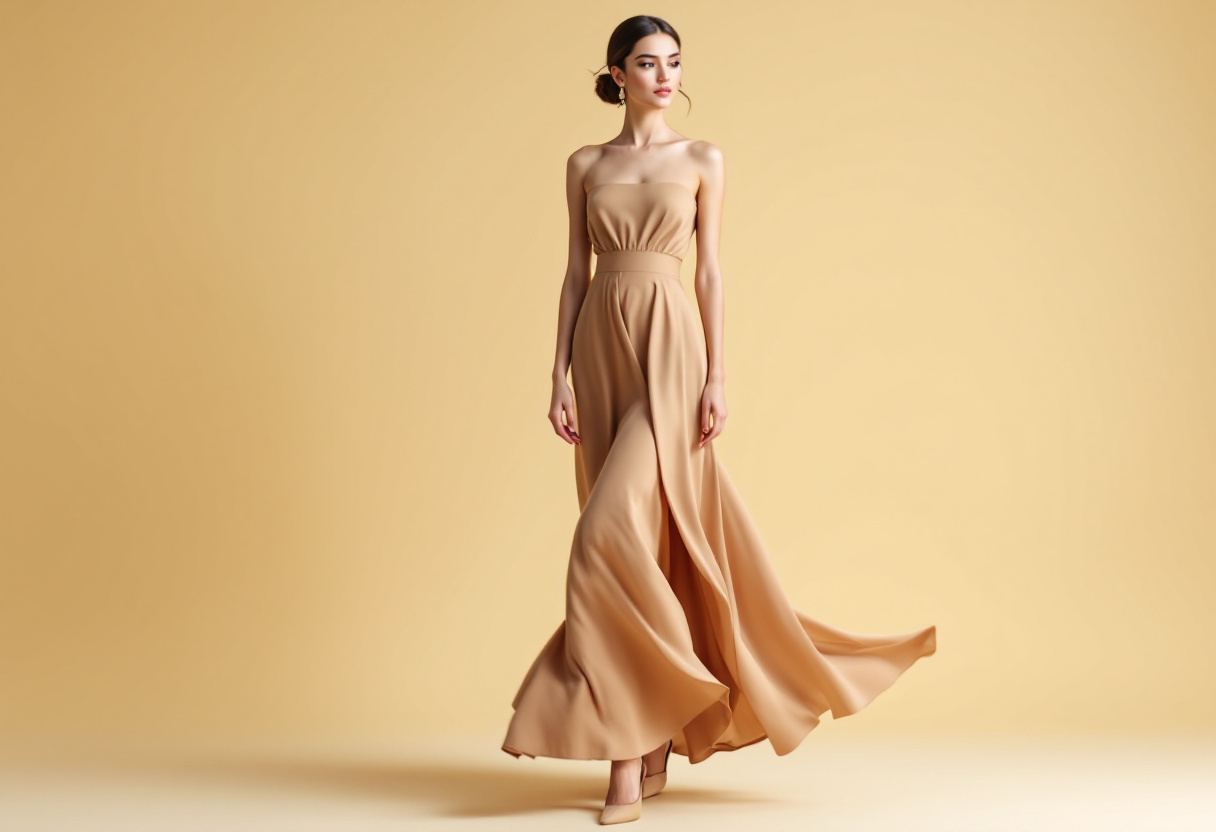 Femme menue en robe longue camel a taille haute et talons, silhouette elancee