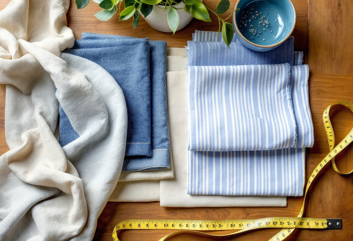 Echantillons de tissu denim bleu et seersucker raye avec du lin et un metre ruban