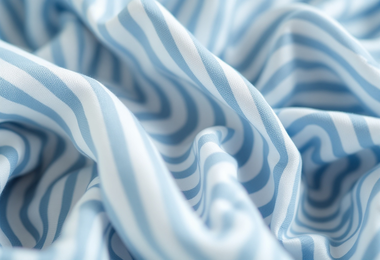 Gros plan macro sur la texture gaufree d un tissu seersucker raye bleu et blanc