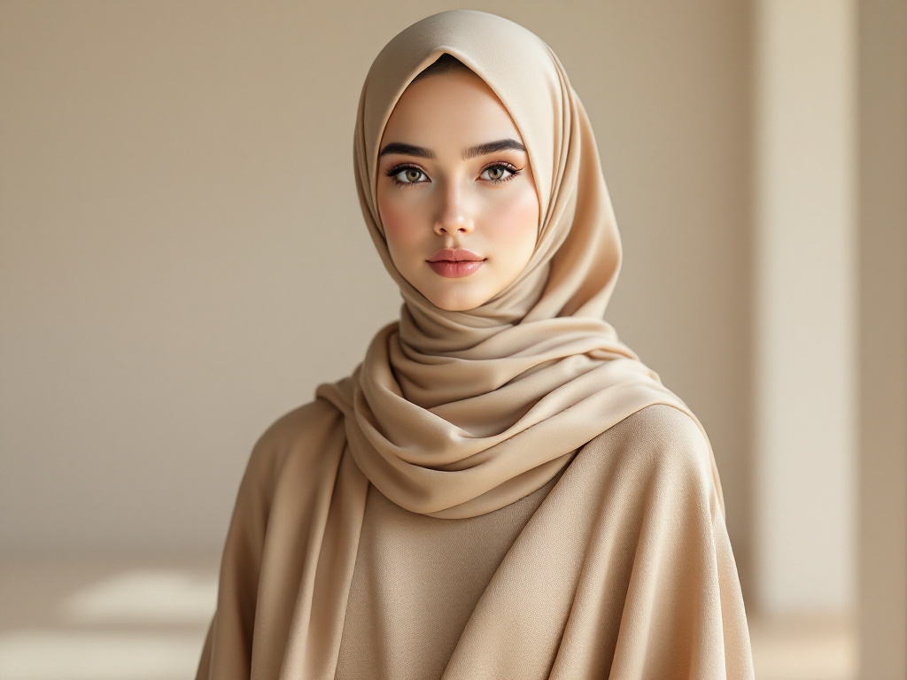 Femme élégante en hijab et abaya aux tons beige, mode modeste contemporaine