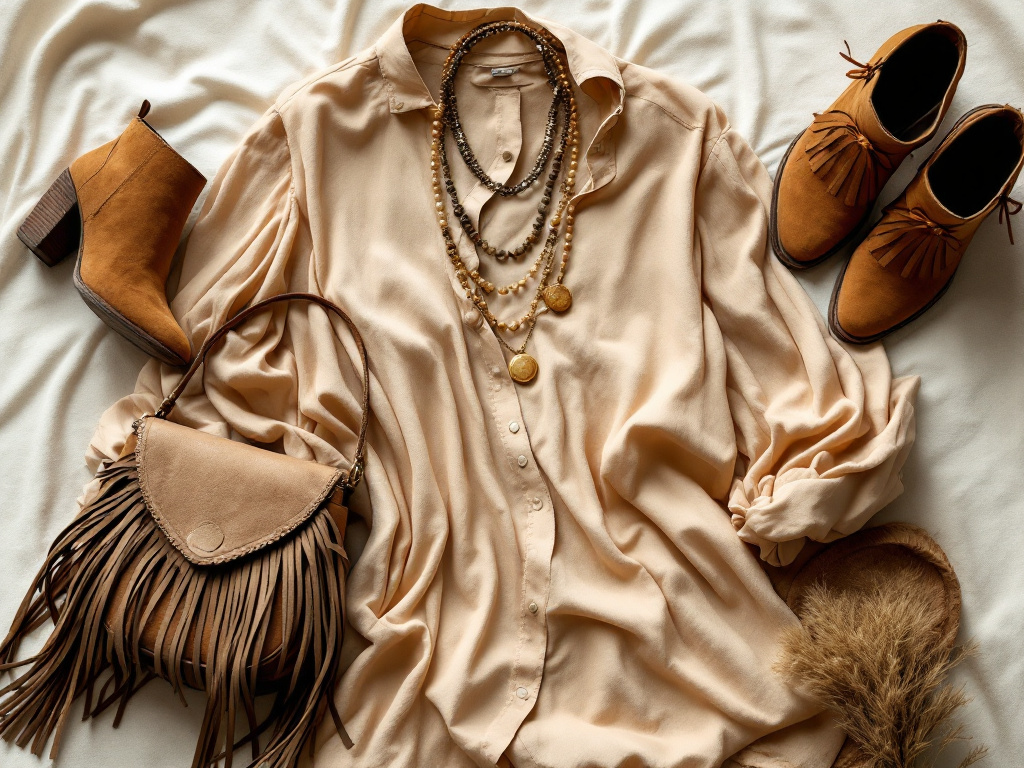 Pièces bohème chic : blouse fluide, sac à franges en daim, colliers et bottines