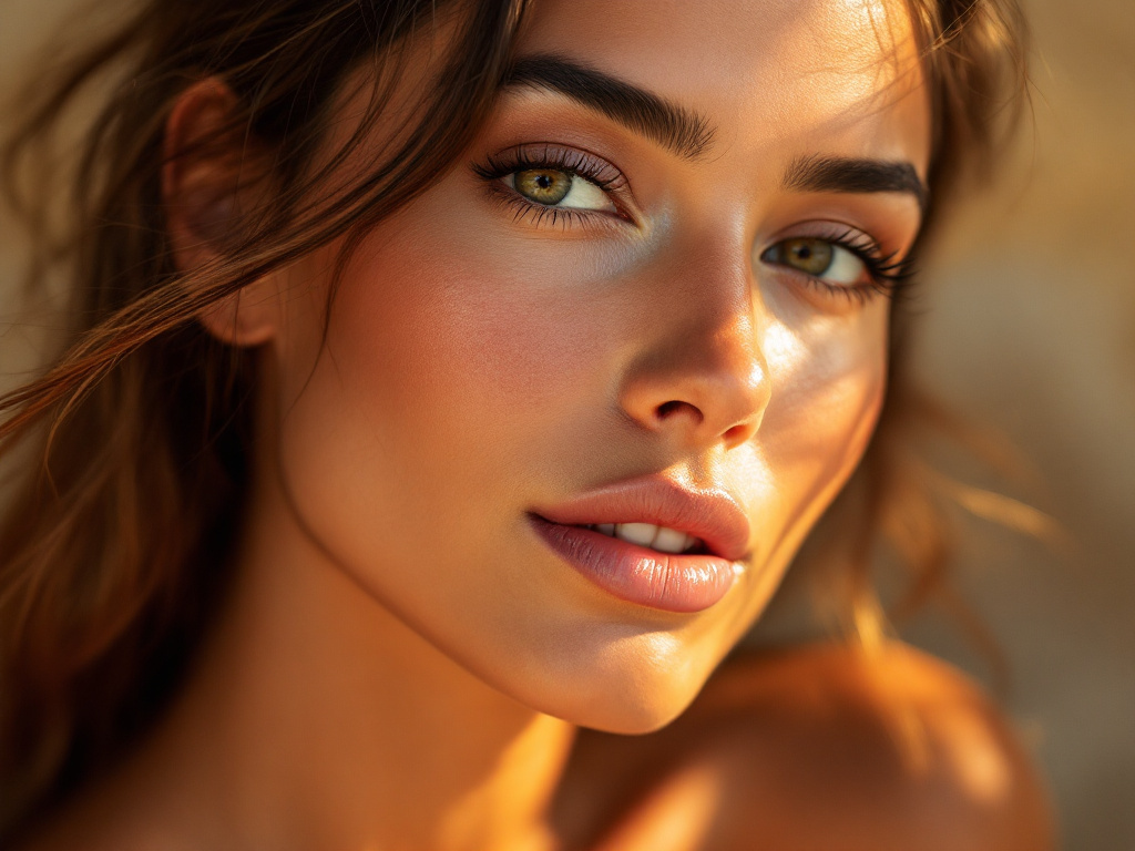 Femme au teint hâlé lumineux et maquillage bronzé naturel