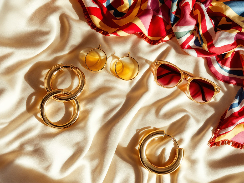 Accessoires années 80 : grandes créoles dorées, lunettes et foulard coloré