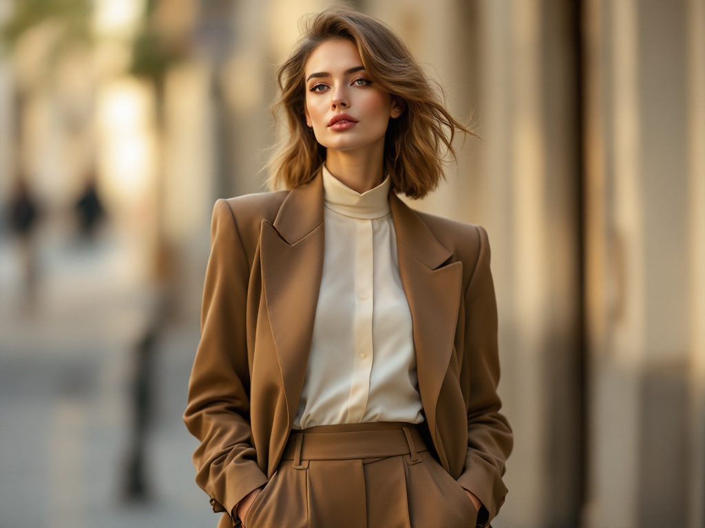Femme en tailleur camel inspiration années 80 avec chemisier, style rétro chic