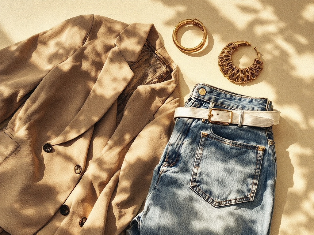 Pièces mode années 80 : blazer, jean taille haute, ceinture large et créoles dorées