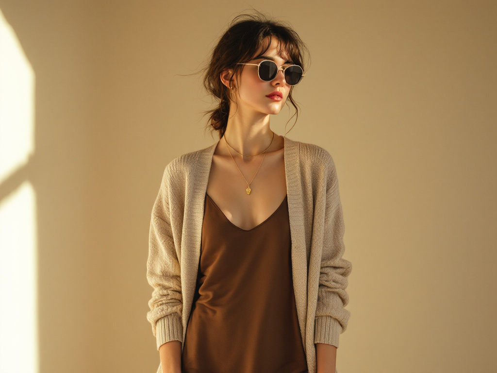 Femme en look minimaliste années 90 : robe nuisette et gilet fin