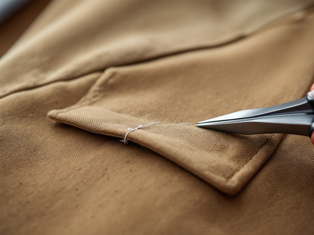 Gros plan d'une poche de manteau cousue avec un fil de bâti et des ciseaux fins