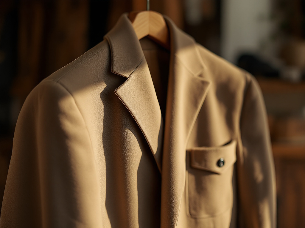 Manteau en laine beige sur cintre, focus sur la poche à rabat, avec ciseaux fins