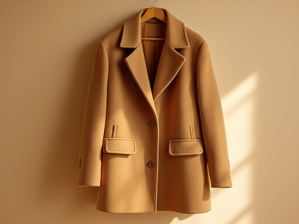 Manteau en laine camel sur cintre avec poches à rabat, coupe élégante