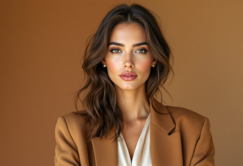 Femme portant un blazer oversize camel sur un top en soie crème