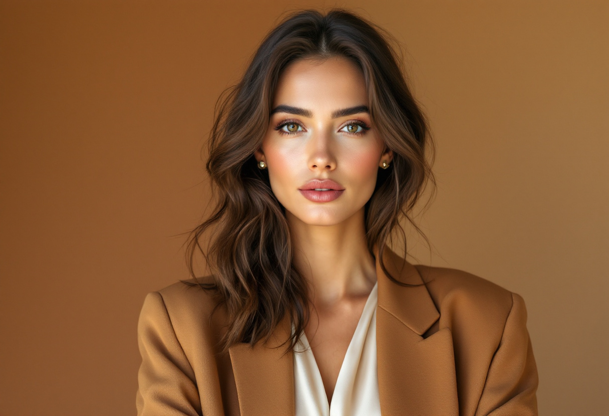 Femme portant un blazer oversize camel sur un top en soie creme