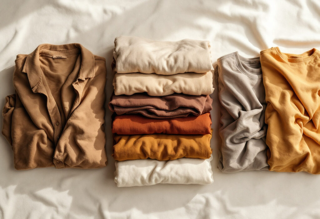 Vêtements pliés disposés en dégradé de couleurs camel, beige, rouille et crème