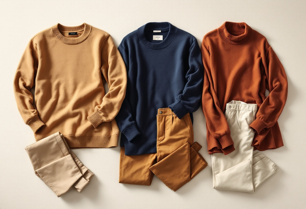 Trois associations de tenues : camel ton sur ton, marine et camel, rouille et creme