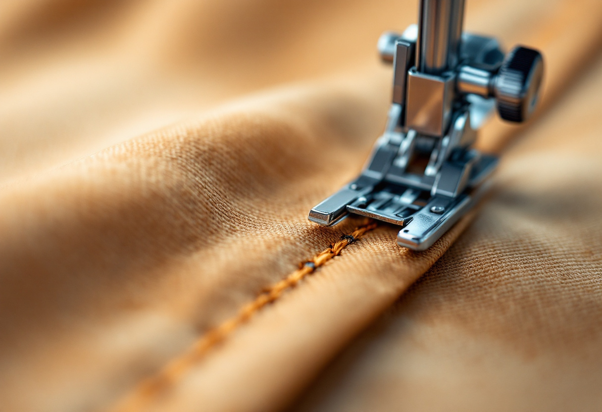 Gros plan d une couture rabattue surpiquee sur un tissu camel sous le pied-de-biche