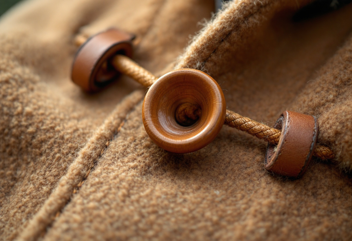 Gros plan sur les brandebourgs en bois et les passants en cuir d un duffle-coat en laine camel