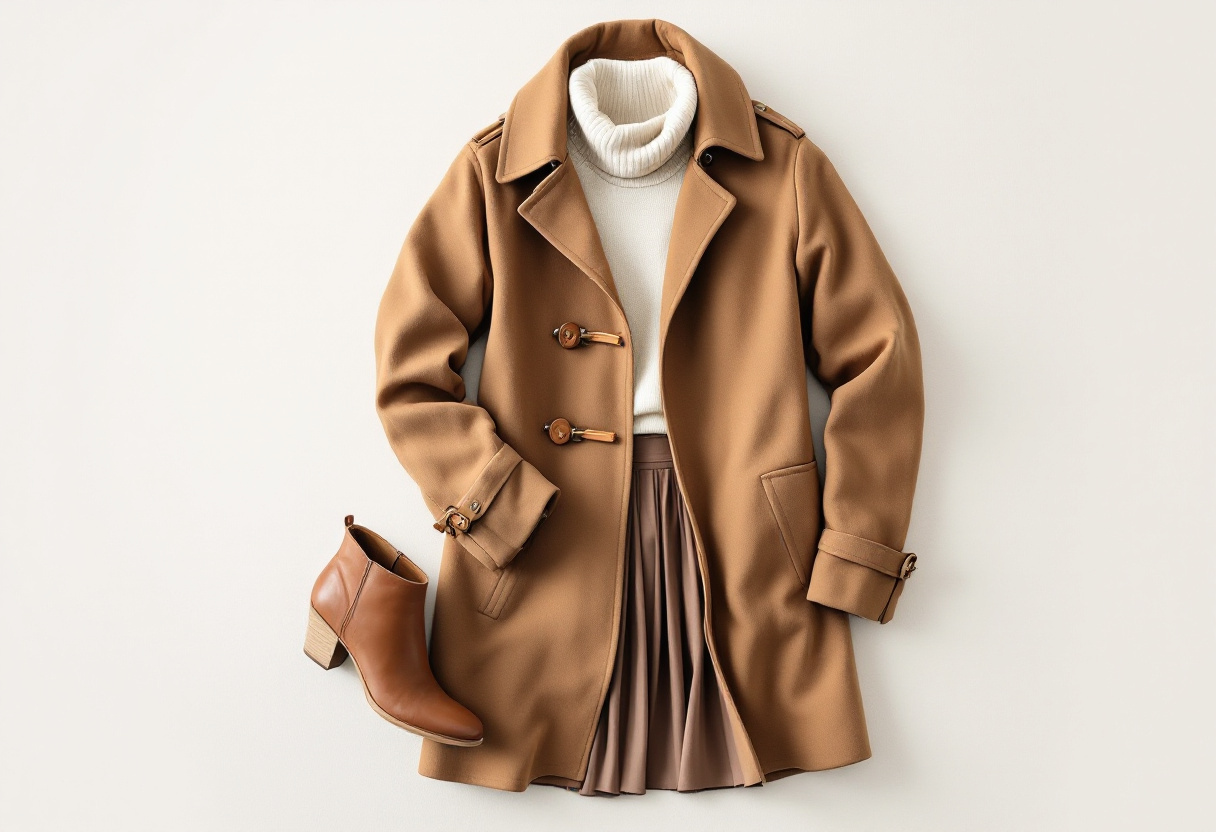 Duffle-coat camel associe a un col roule creme, une jupe plissee et des bottines en cuir