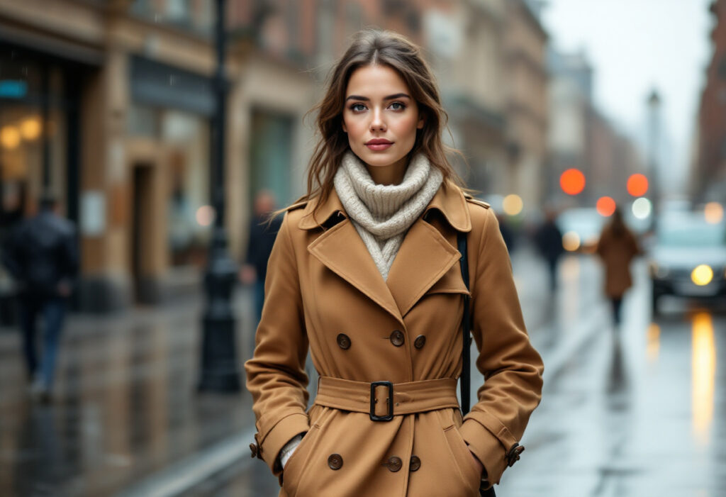 Femme en trench imperméable camel ceinturé et écharpe crème sous la pluie en ville