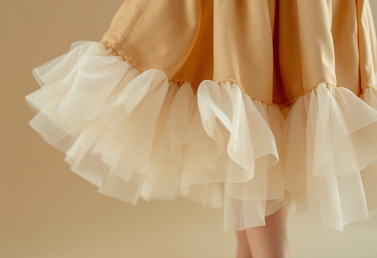 Jupon en tulle creme porte sous l ourlet d une robe camel