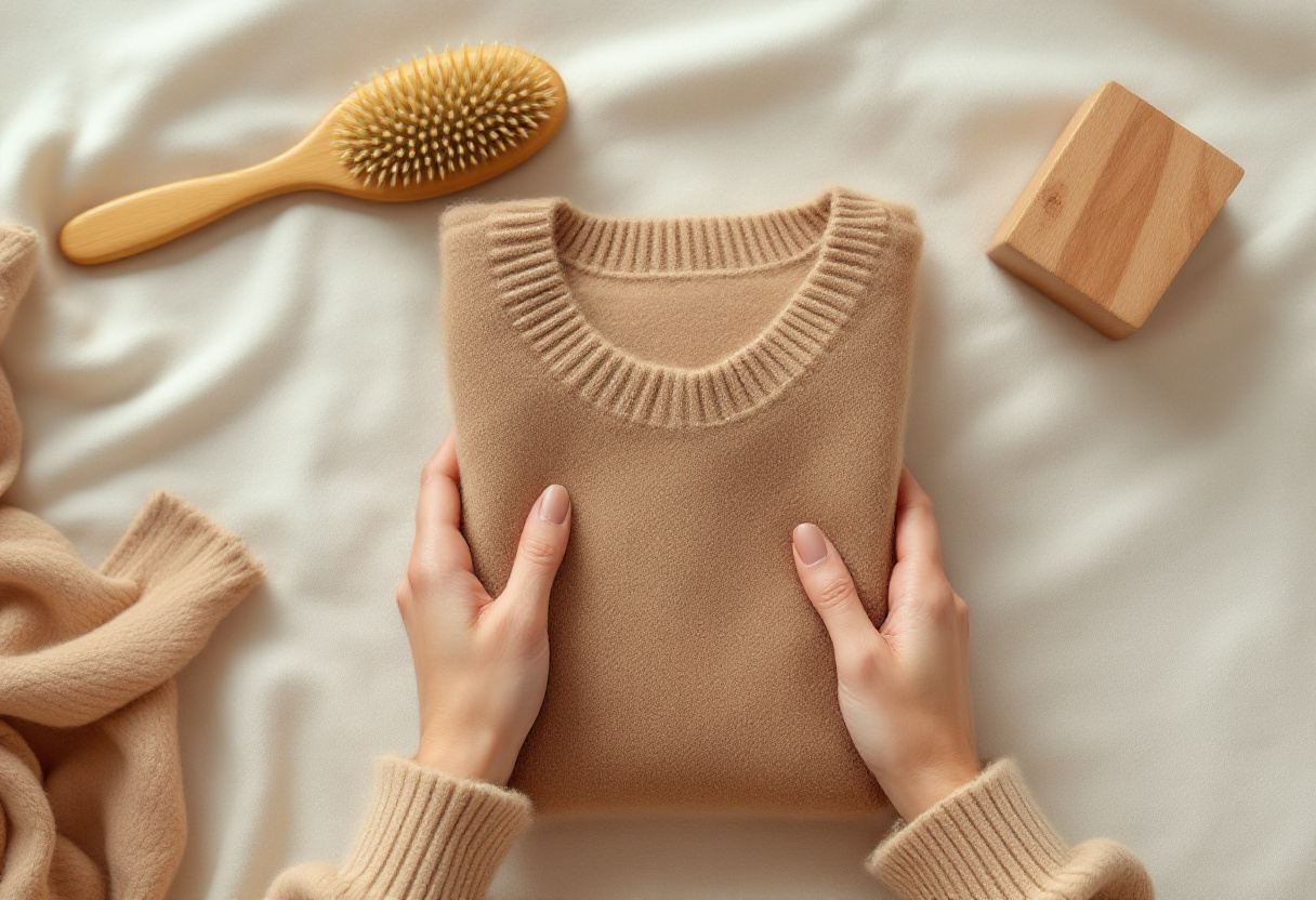 Mains pliant un pull en mohair camel a cote d une brosse en bois et d un bloc de cedre