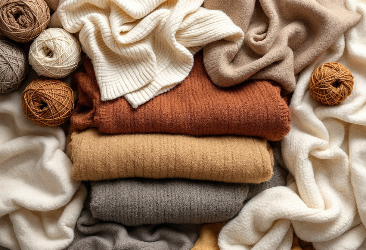Pulls en laine merinos, mohair et alpaga plies en tons creme, camel et rouille avec des pelotes