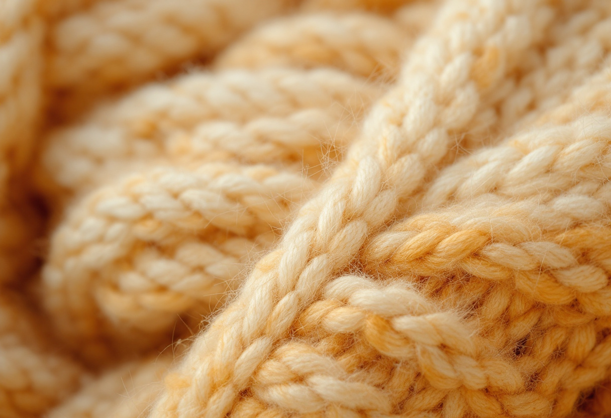 Macro de la maille d un tricot en laine merinos creme et miel