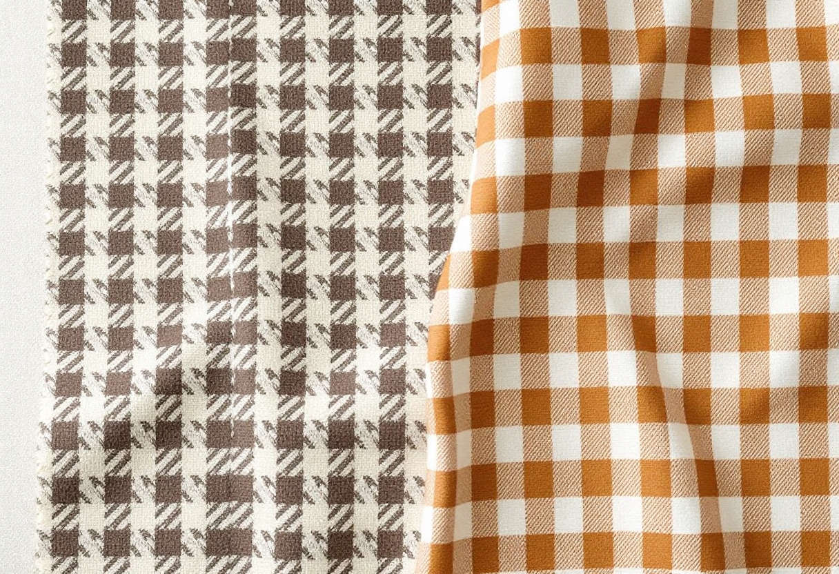 Tissu a motif pied-de-poule brun et creme a cote d un tissu vichy camel et blanc