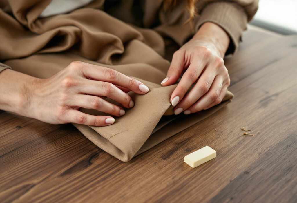 Mains d'une femme épinglant l'ourlet d'un pantalon en laine camel sur une table en bois