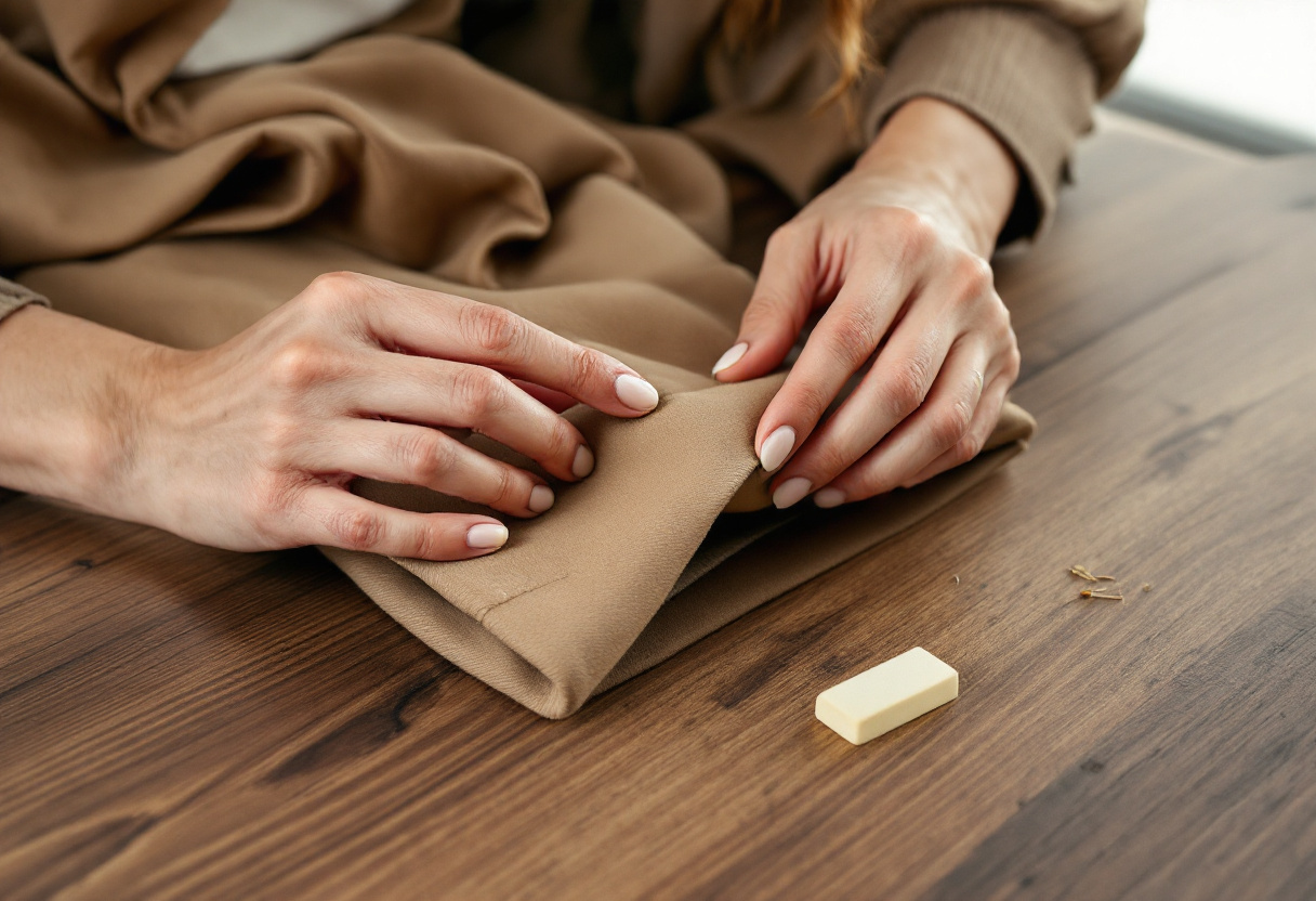 Mains d'une femme epinglant l'ourlet d'un pantalon en laine camel sur une table en bois