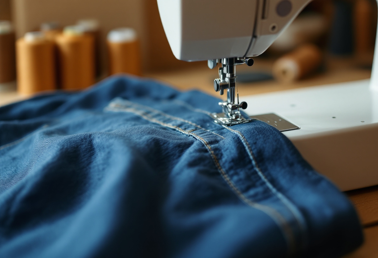 Machine a coudre piquant l'ourlet d'un bas de pantalon en jean bleu