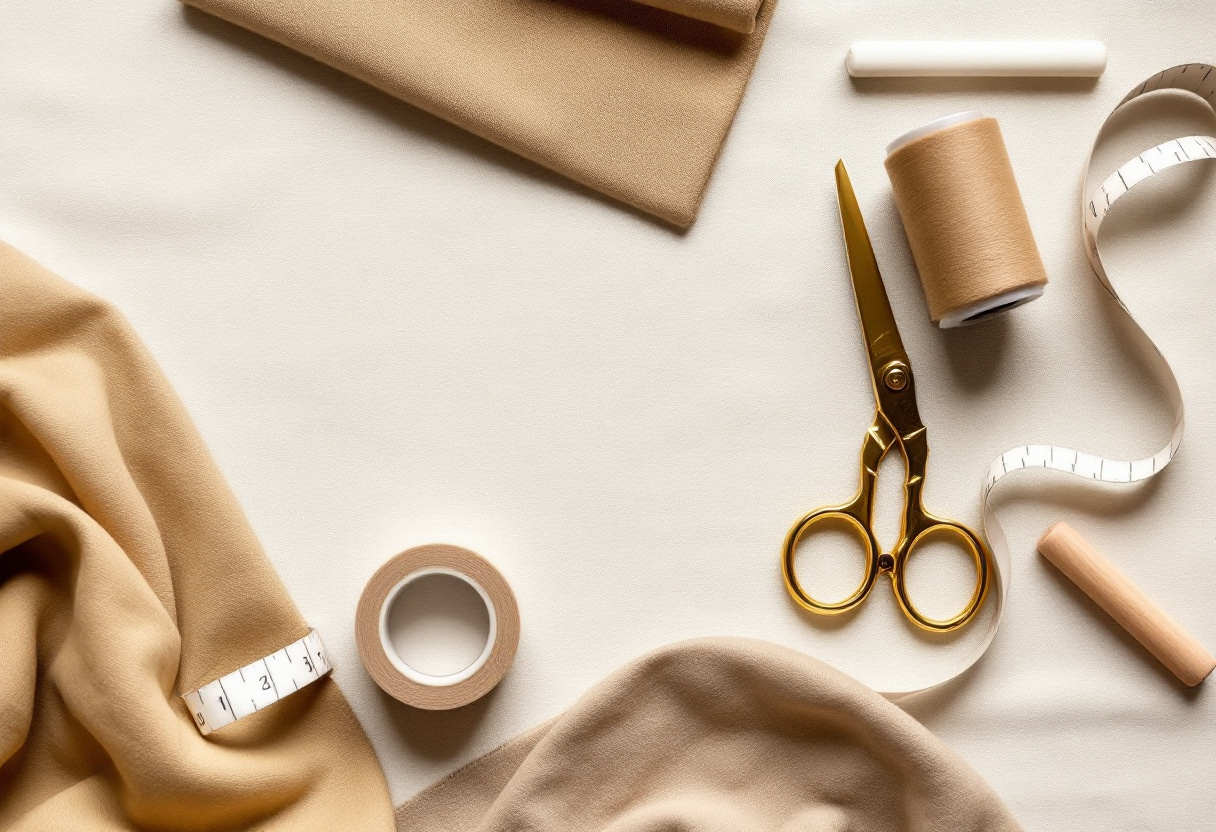 Materiel pour faire un ourlet : ciseaux, bobine de fil, ruban thermocollant, metre ruban et craie de tailleur