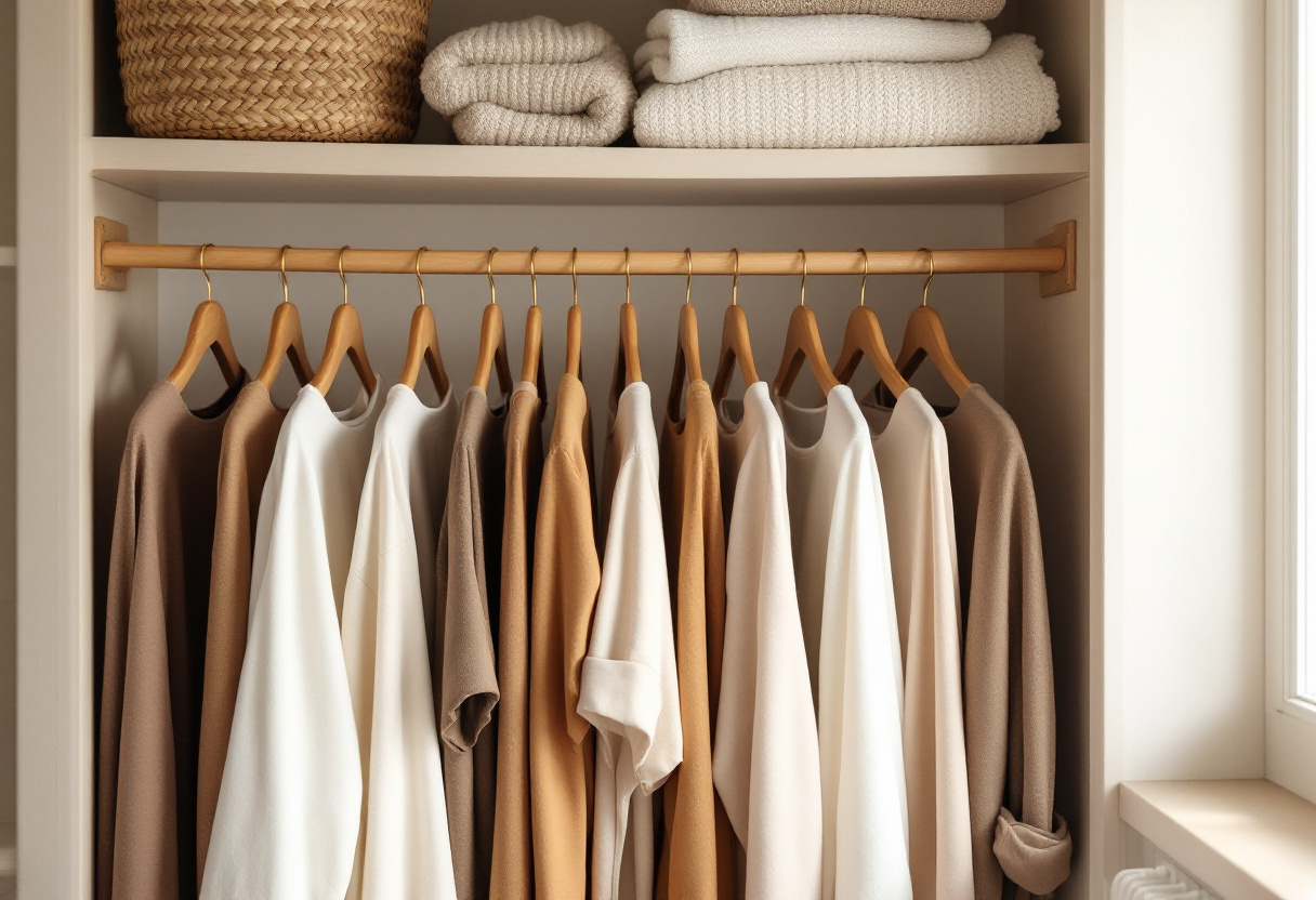 Penderie rangee par couleurs avec cintres en bois assortis et mailles pliees sur l etagere