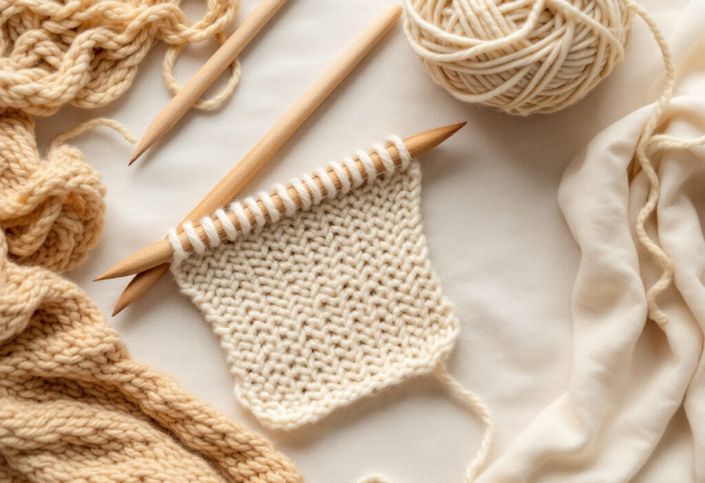 Ouvrage de tricot en cours sur aiguilles en bois avec une pelote de laine crème