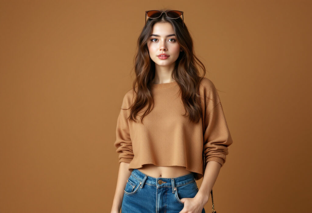 Jeune femme en look années 2000 : pull court camel, jean et lunettes fines relevées