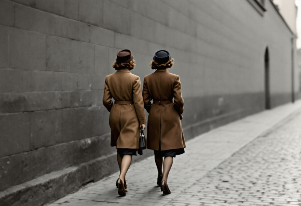 Deux femmes de dos en 1945, manteaux camel ceintures a epaules structurees, jupes au genou et chapeaux en feutre